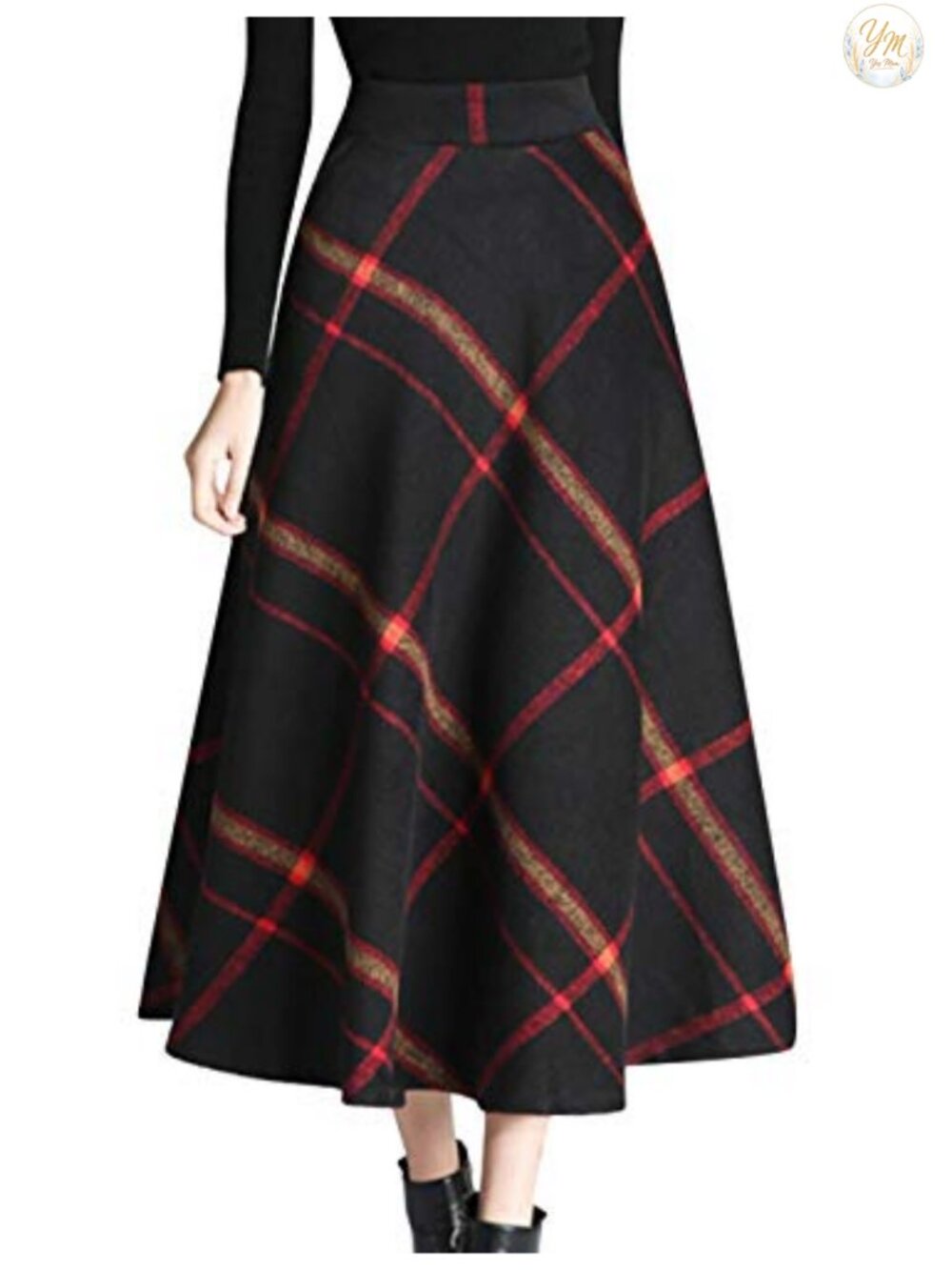 Wool Blend Plaid A-Line Midi Skirt High Waist Pleated